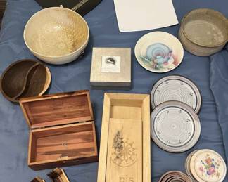 Wood Boxes, Bowls, Music Box And Decorative Plates