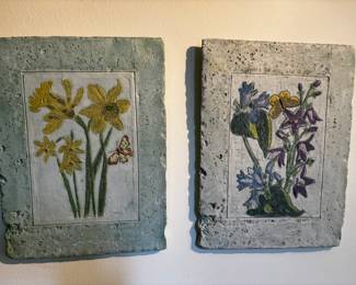 SET OF FOUR STONE FLORAL PICTURES