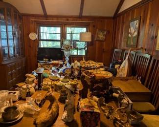 Mid Century dining room table with 10 chairs and hutch
