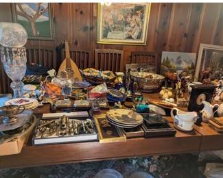 Collectible items, mid century dining room table with 10 chairs 