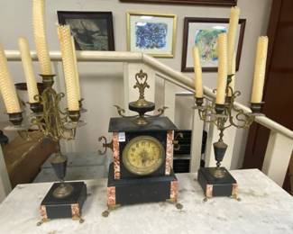 3 pc Marble Clock Set w/ Garnitures