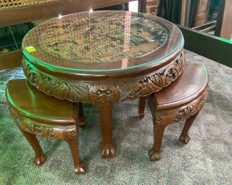Carved Asian Tea Table w/ Benches