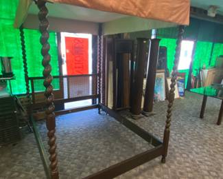 Oak Barley Twist Canopy Bed w/ Caned Headboard by Baker Furniture