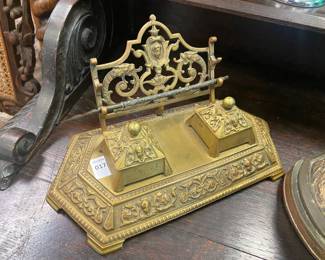 Brass Double Ink Well w/ Fancy Pen