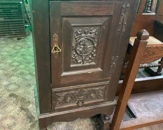 One of a Pair of Carved Renaissance Bed Cabinets late 19th c. w/ original Key