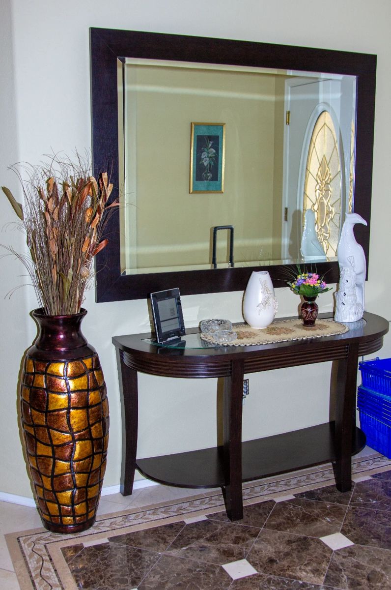 Beautiful large mirror and wooden end table