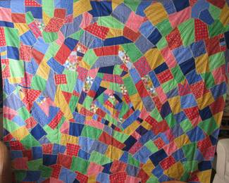 Embroidered crazy quilt top with all the embroidery completed. Done in cheerful calicos. Nice and large. Ready to finish.