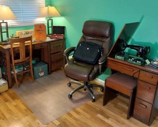 office desk, office chair, sofa table, singer sewing cabinet, lamps