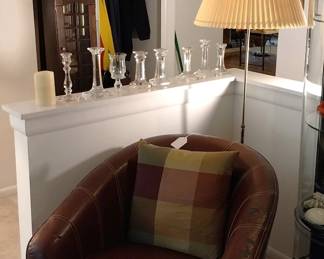 leather barrel chair, Bulova grandmother clock