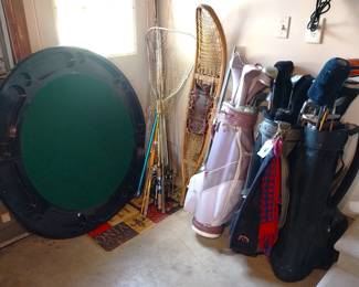 golf clubs, snowshoes, fishing, camping, poker table