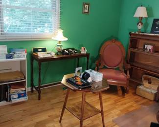 Victorian rocking chair, barrister book shelf, sofa table, lamps, office supplies