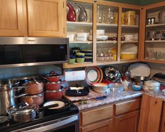 Marquette castings cast iron pan, Lodge cast iron pan, Corning ware, Grog pitcher, yellow Pyrex