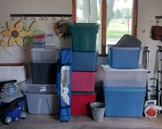 Stihl leaf blower, Shop Vac, hand tools, shepherd’s hooks, birdhouses, tripod sprinkler, bird bath, storage totes