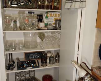 BAR WARE: Miller High Life mirrored sign, Michelob mirrored sign, Blatz box, wine glasses, beer glasses, wine stoppers, flask, ice buckets