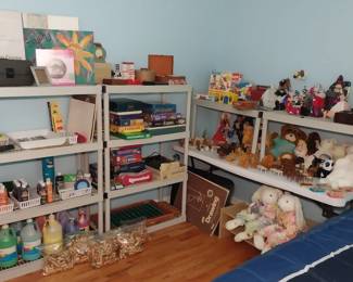 poker, board games, O scale model train, Tudor Tru-Action electric football game, craft, oil paint, canvas, drawing, crochet, dollhouse furniture, view-master, clowns, dolls