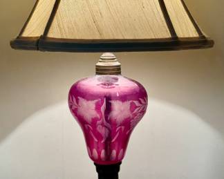 (2) Antique Bohemian Cranberry Etched Glass Lamps