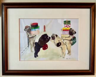 "Shopping Pugs" Watercolor, Signed
