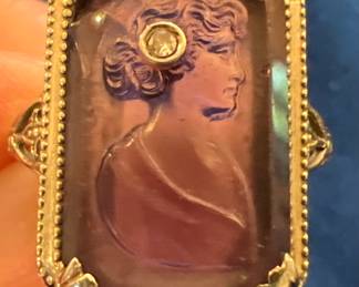 14K White Gold Intaglio Carved Amethyst Ring with Diamond