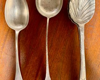 Coin Silver Serving Spoon (left), Carter Bros. Sterling Spoon (center) & (2) English Sterling Clamshell Serving Spoons