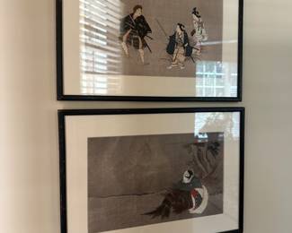 2 Japanese woodblock prints; Geisha & Samurai; Dream of the Rush Gatherer by Katsushika Hokusai