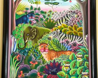 Haitian Jungle scene painting by Jerome Polycarpe (b. 1950, Port-au-Prince)