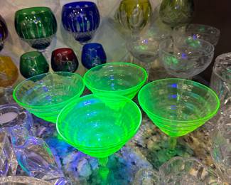 Utility Glass Works, Cambodia Ware vaseline uranium champagne/sherbet/martini goblets, 1920-1929