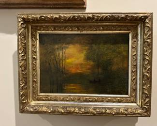 Oil painting entitled 'Sundown' w/Muir Fine Arts & Restoration label