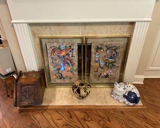 Pair of Mexican folk art paintings on Amate bark paper, under glass. 