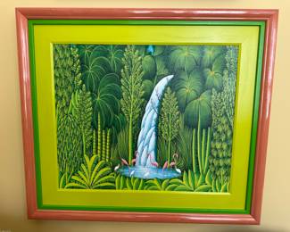 Vegetation with Flamingos painting by Henri-Robert Bresil (Haitian, 1952-1999)