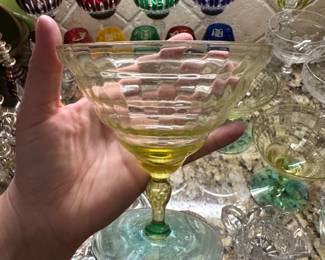 Utility Glass Works, Cambodia Ware vaseline uranium champagne/sherbet/martini Goblet, 1920-1929