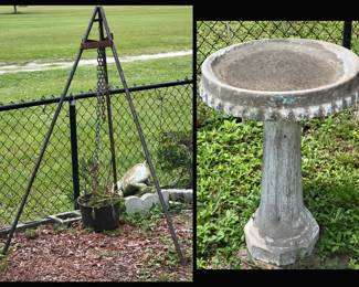 Tripod with hanging pot and one of three birdbaths