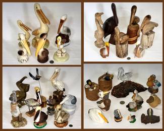 Many More Pelicans including a C.M. Copeland Carved Cypress Pelican