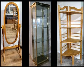 Floor Mirror, Glass Display Case and Corner Shelf