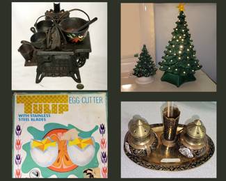 Small Cast Iron Stove with Cast Iron Pcs, Ceramic Christmas Trees, Vintage Egg Cutter and Salt, Pepper & Toothpick Holder Set 