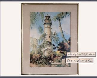 Lovely Old Florida Style Carol Sadowski Signed Print; The Key West Lighthouse