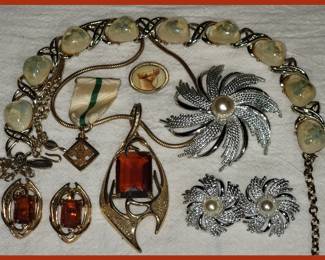 Costume Jewelry including a Vintage Sarah Coventry Necklace and Earrings Set, a Scout Medal and a Tiny Horse Pin 