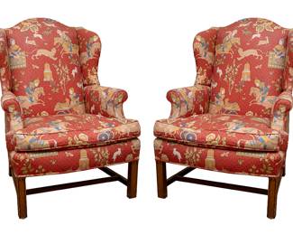 933 Pair Chinoiserie Wing Back Chairs - Fabric Faded 60.00