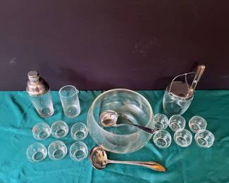 Etched Punch Bowl and Cocktail Set