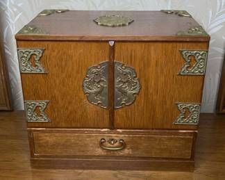 Asian Inspired Wooden Jewelry Box with Assorted Jewelry