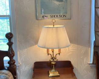 Brass Lamp, Willett Side Table, Framed Art