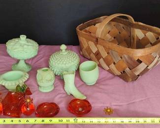 Basket with Fenton Glass Owl, Boot and Candy Dish
