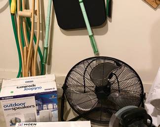 Delta Compound Miter Saw, Outdoor Speakers, MOEN Faucet in Box, Fan, Garden Tools 