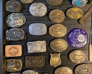 Vintage Brass Belt Buckle Collection: Trains, Eagles, Buffalo, Tractor, Turquoise. 