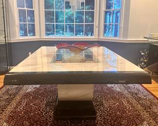 Contemporary Post Modern Dining Table with Glass Insert & Bowling Ball Feature & 2 Extensions
