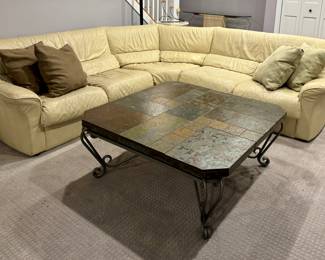 Leather Sectional Sofa & Stone Coffee Table with Metal Base