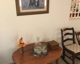 Coffee table, decanter set with etched sailboats