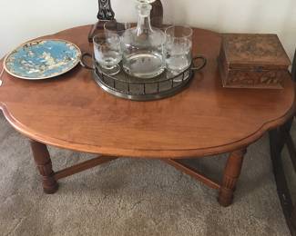 Coffee table, Etched glass decanter and glasses with ships