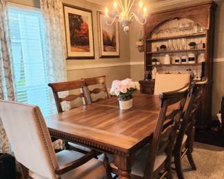 Wood dining table with 6 chairs (2 arm chairs) and leaf, Farmhouse China hutch 