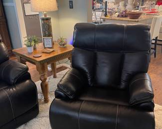 Leather recliner with electric footrests and battery backup system