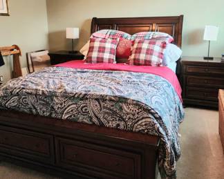 Rich colored wood bedrooms suite includes Queen bed with headboard, footboard, mattress & box spring, 2 nightstands and triple dresser with mirror